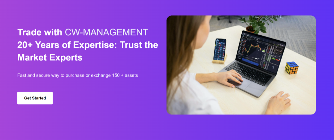 CW-Management homepage showing a trading workstation image and information about access to more than 150 assets.