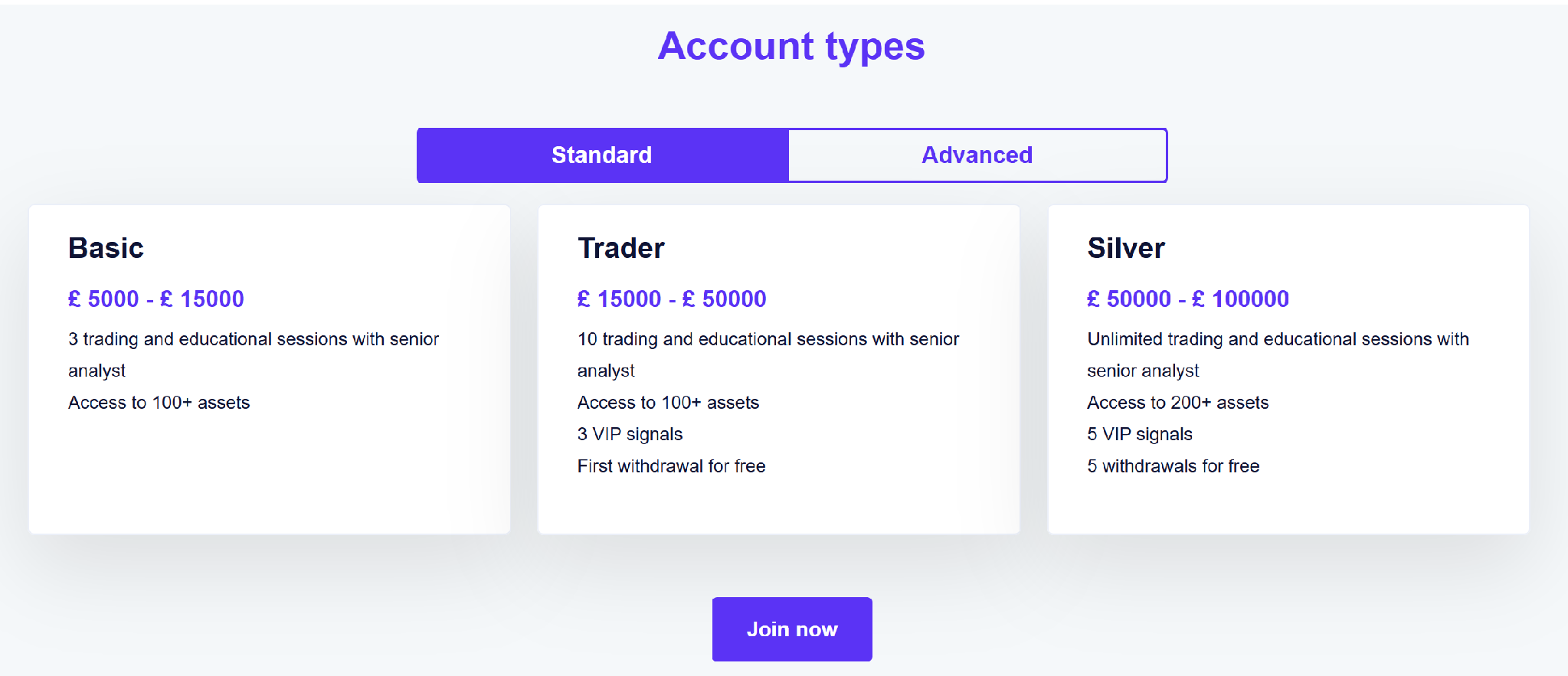 CW-Management Standard account section displaying Basic, Trader and Silver account options with deposit ranges and included services.