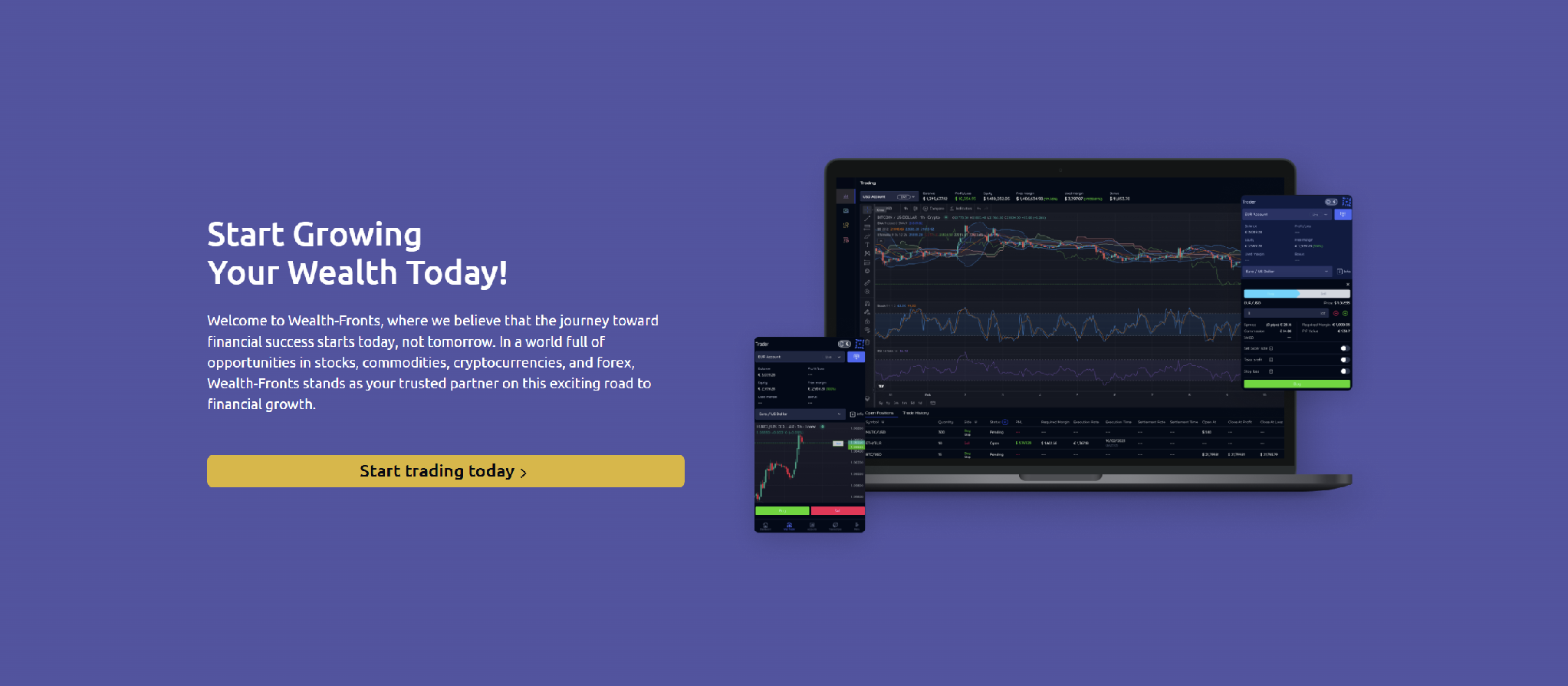 Wealth Fronts homepage section featuring trading charts on laptop and mobile interfaces.