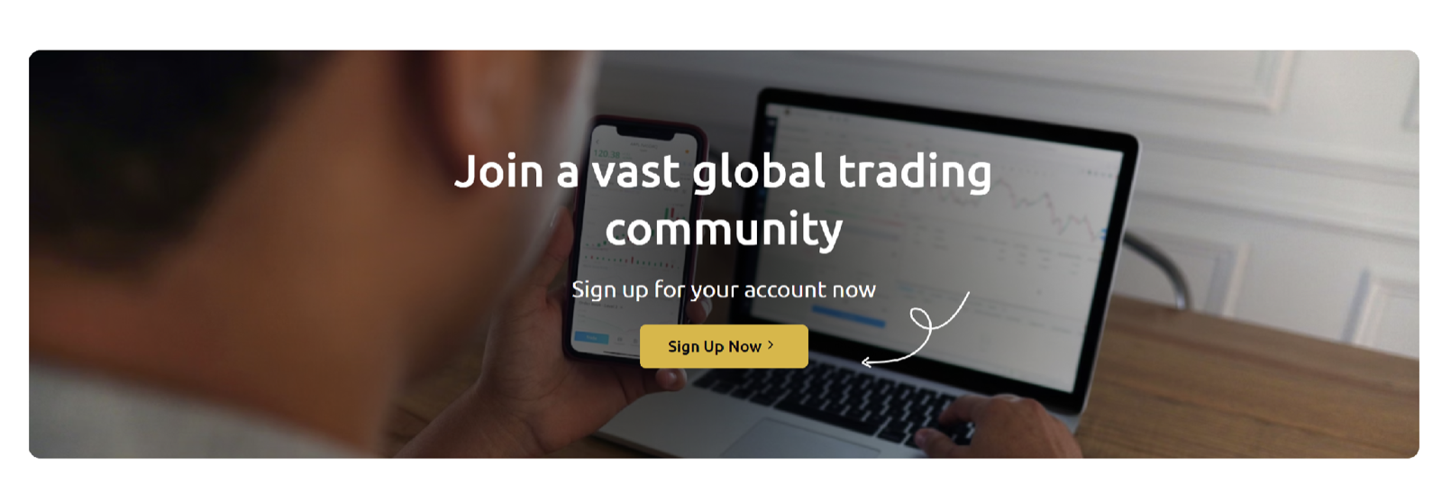 Wealth Fronts website banner featuring a sign-up button alongside laptop and mobile trading screens.